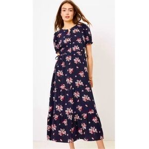 Ann Taylor LOFT Floral Print A-Line Tiered Shirt Midi Dress Navy 2